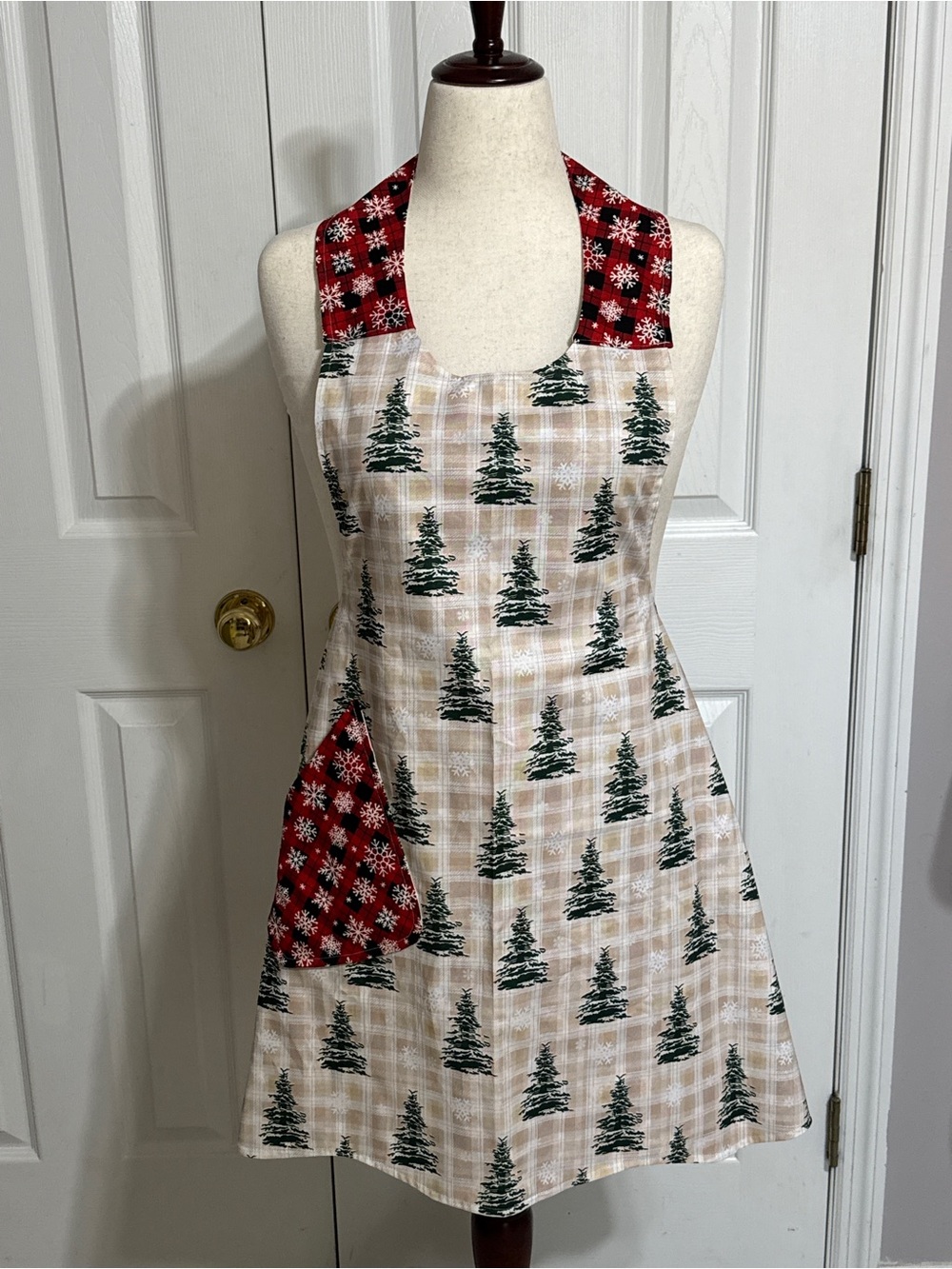 Holiday Tree Print Apron Dress — Green and Red